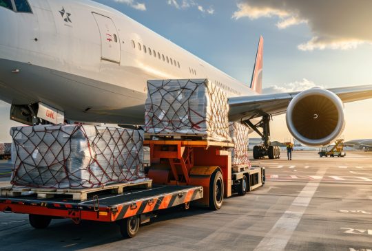 Loading cargo plane outside air freight logistic. Airmail shipping packages. Shipping boxes ready to be delivered.